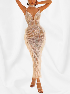 Sexy Spaghetti Straps Mermaid With Feathers Beaded Evening Gown