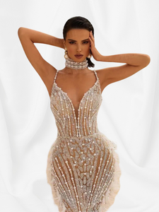 Sexy Spaghetti Straps Mermaid With Feathers Beaded Evening Gown