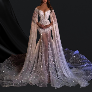 Pearls Mermaid Long Cape Sleeve Deep V Neck Tulle Beaded Bride Dresses