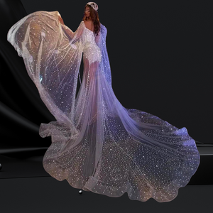 Pearls Mermaid Long Cape Sleeve Deep V Neck Tulle Beaded Bride Dresses