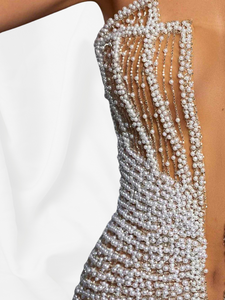 Illusion Deep V-neck Pearls Beaded Trumpet Dress