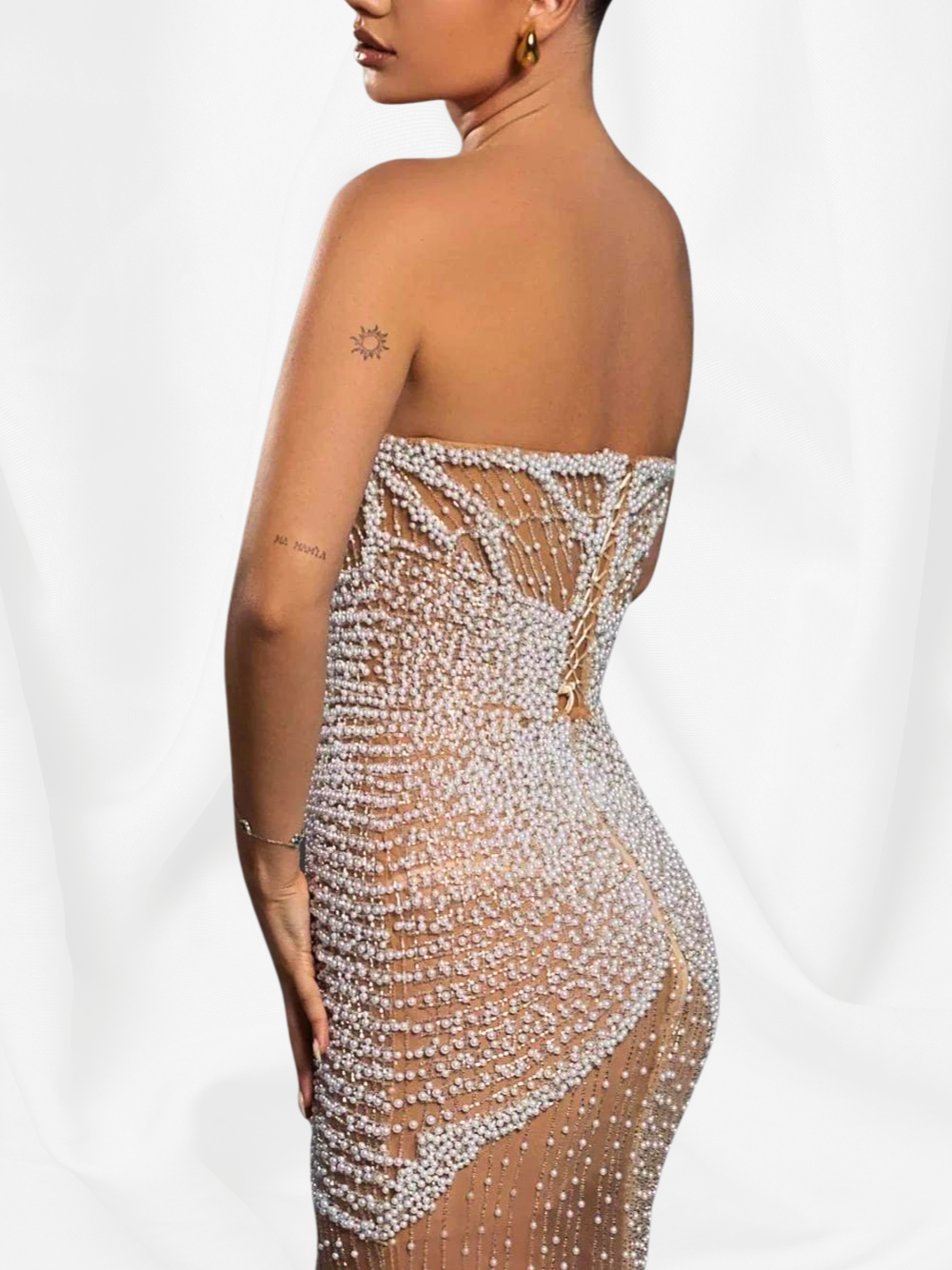 Illusion Deep V-neck Pearls Beaded Trumpet Dress