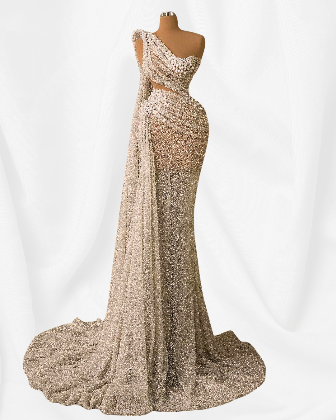 Ivory One Shoulder Beaded Mermaid Elegant Evening Gowns