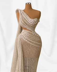 Ivory One Shoulder Beaded Mermaid Elegant Evening Gowns