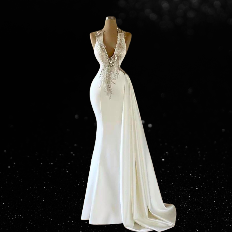 Elegant Mermaid V-Neck Sleeveless Beadings Bridal Dress