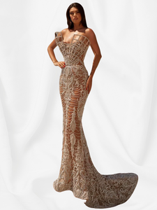 Sexy Illusion Strapless Long Beaded Formal Occasion Dresses