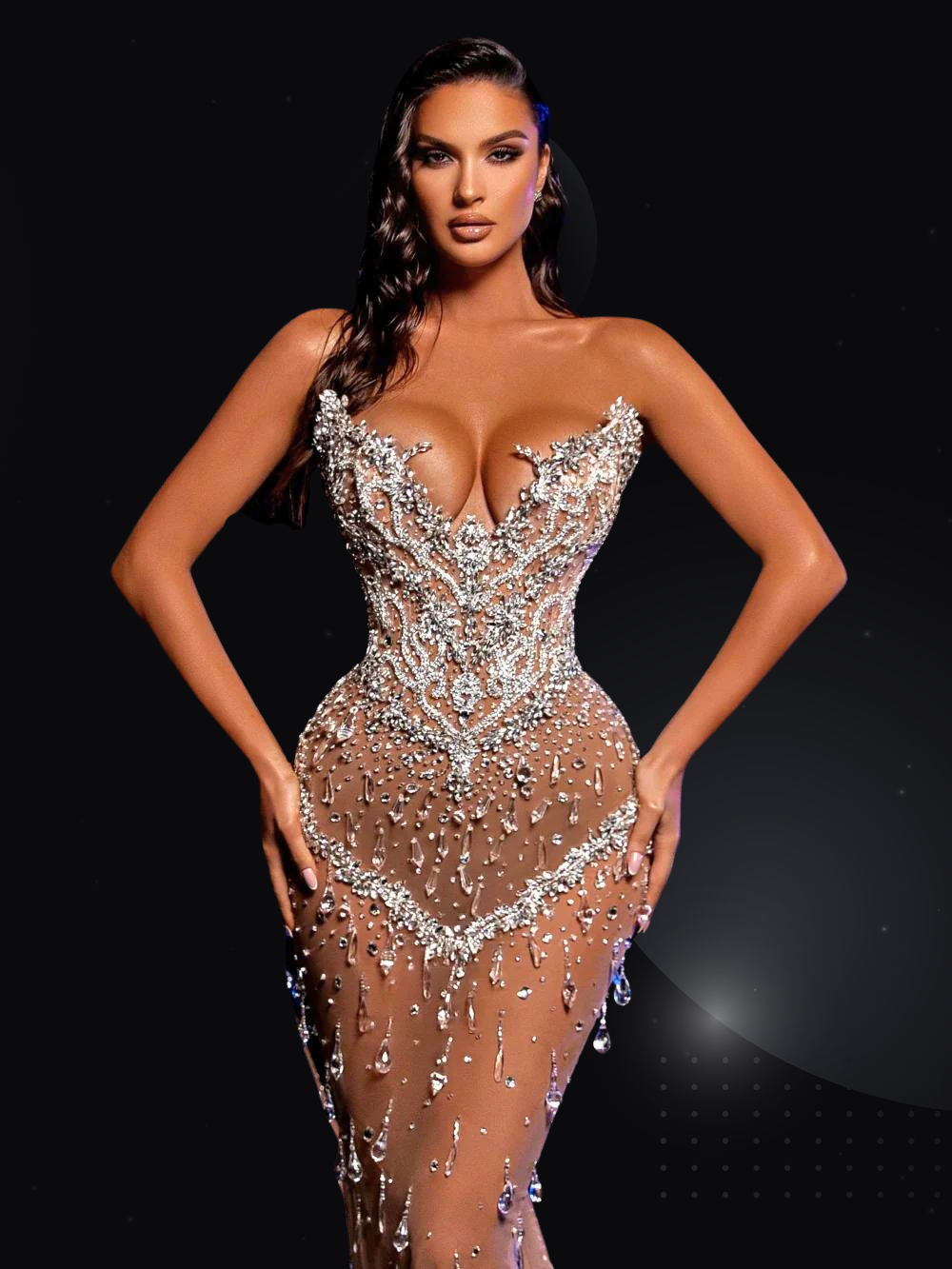 Sexy Illusion Deep V-neck Cocktail Sparkly Crystal Evening Dress