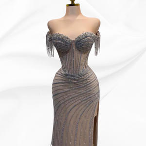 Silver nude Boat Neck Split Mermaid Elegant Beaded Tassel Evening Dresses