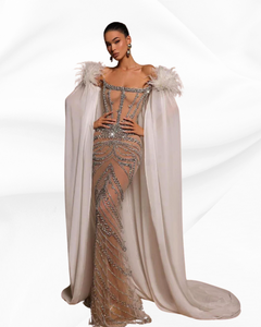 Feather Detachable Long Cape Sleeve Evening Dress