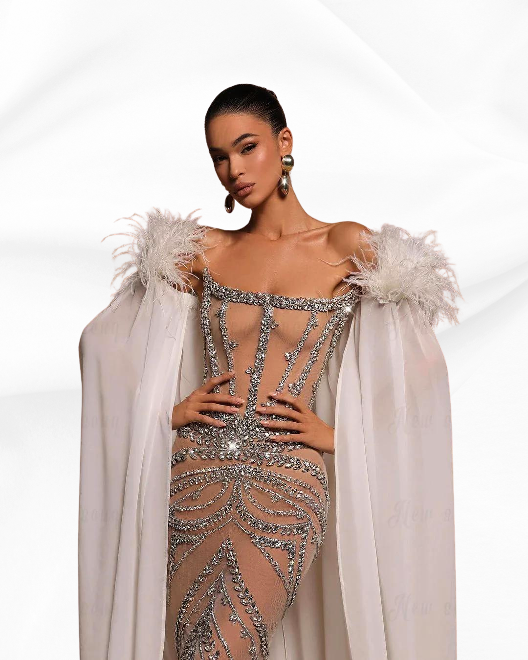 Feather Detachable Long Cape Sleeve Evening Dress