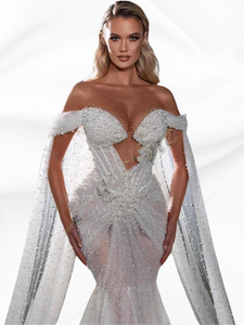 Sexy Illusion Mermaid With Pearls Sheer Neck Cape Tulle Luxury Bride Dresses