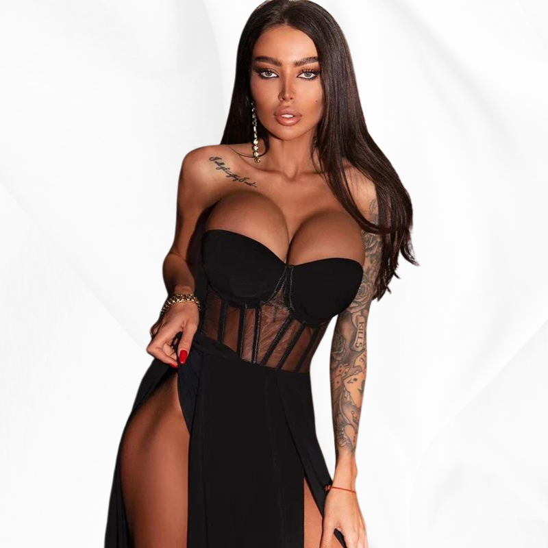 Sexy Black Mesh Patchwork Strapless Corset Maxi Dresses