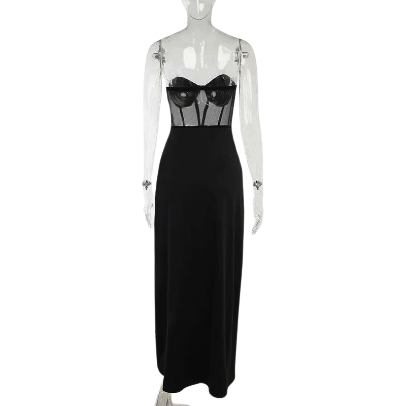 Sexy Black Mesh Patchwork Strapless Corset Maxi Dresses