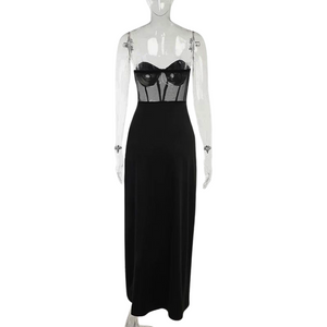 Sexy Black Mesh Patchwork Strapless Corset Maxi Dresses