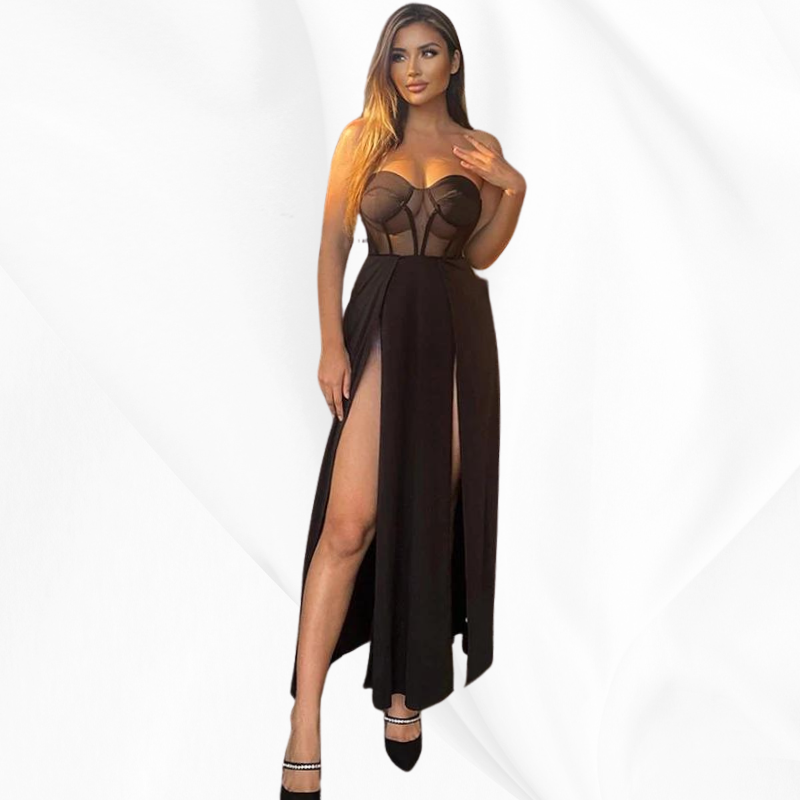 Sexy Black Mesh Patchwork Strapless Corset Maxi Dresses