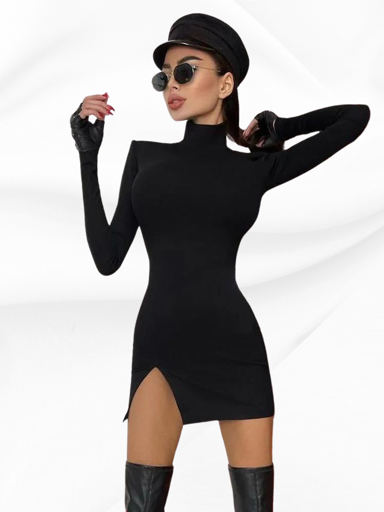 Long Sleeve Bodycon Solid Color Black Slim Package Hip Mini Dress