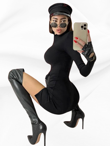 Long Sleeve Bodycon Solid Color Black Slim Package Hip Mini Dress