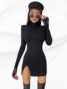 Long Sleeve Bodycon Solid Color Black Slim Package Hip Mini Dress