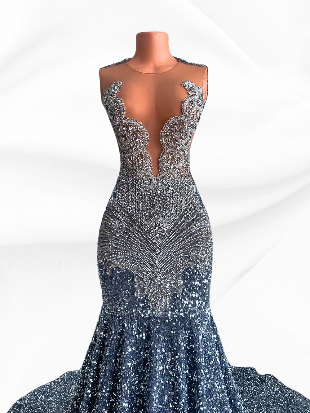 Sexy Sheer O-neck Luxury Sparkly Prom Dresses