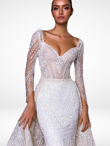 Romantic Mermaid Wedding Sparkly Pearls Long Sleeve Dress For Bride