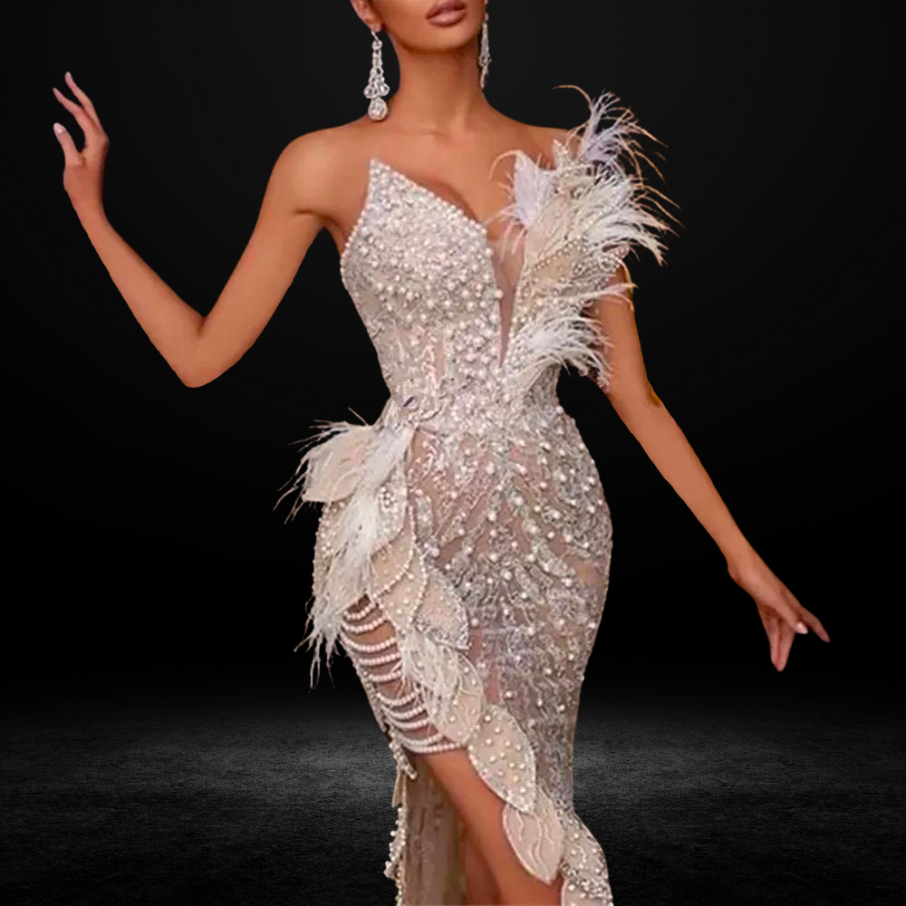 Corset High Slit Beading Sleeveless Feathers Evening Dresses