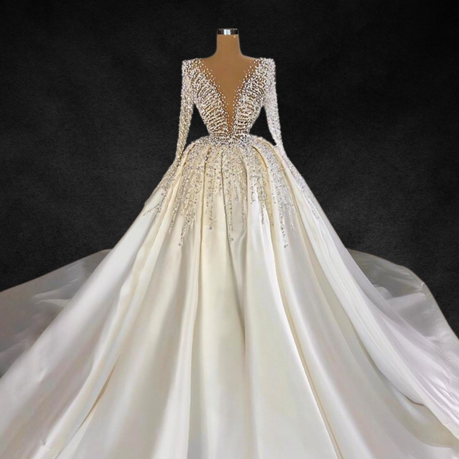 Luxury Dubai Pearls Beading Satin Wedding Dress