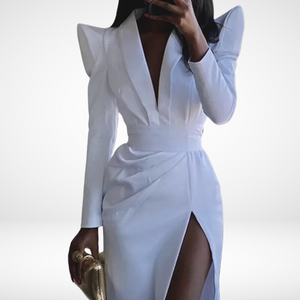 Womens Dresses Autumn New 2023 Fashion  White Wide Shoulder God V Waist High Slit Fashion Dress for Women