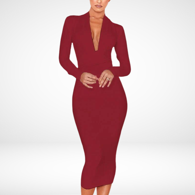 Women's Deep V Neck Bandage Dress Long Sleeve Folds Bodycon Black Midi Sexy Elegant Club Celebrity Runway Evening Party Dresses