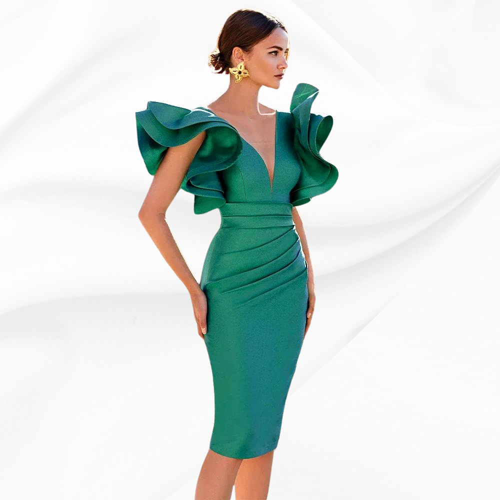 Emerald Green Satin Knee Length Column Formal Party Dress