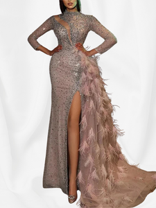 Luxury Feathered Long Sleeve Evening Dresses