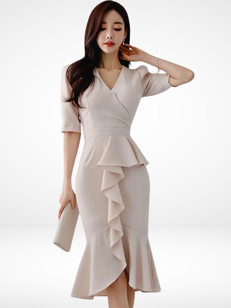 Elegant Office Lady Dress Summer V-Neck Half Sleeve Solid Color High Waistline Ruffled Fishtail Hem Temperament Party Dress