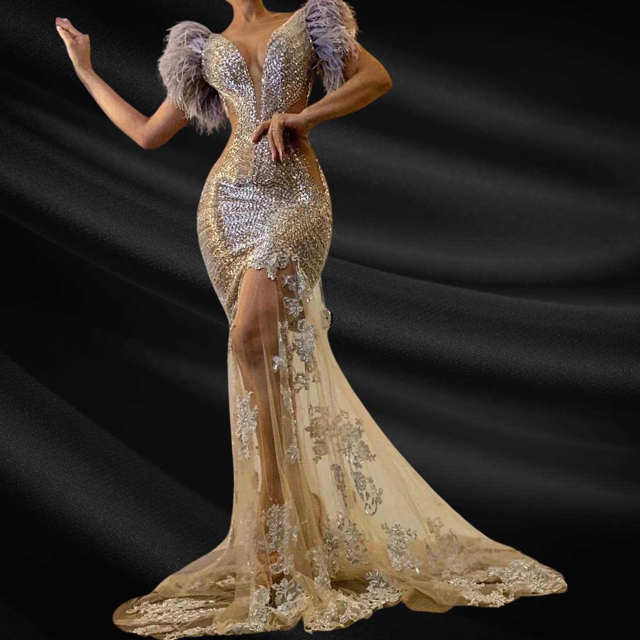 Illusion Feathers Mermaid V-Neck Silvery Formal Evening Gowns