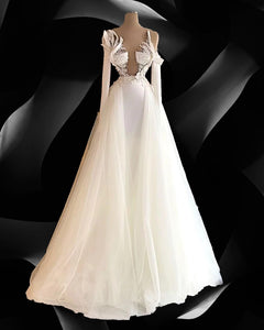 Elegant New White V Neck Wedding Dress Pearls Bridal Gown