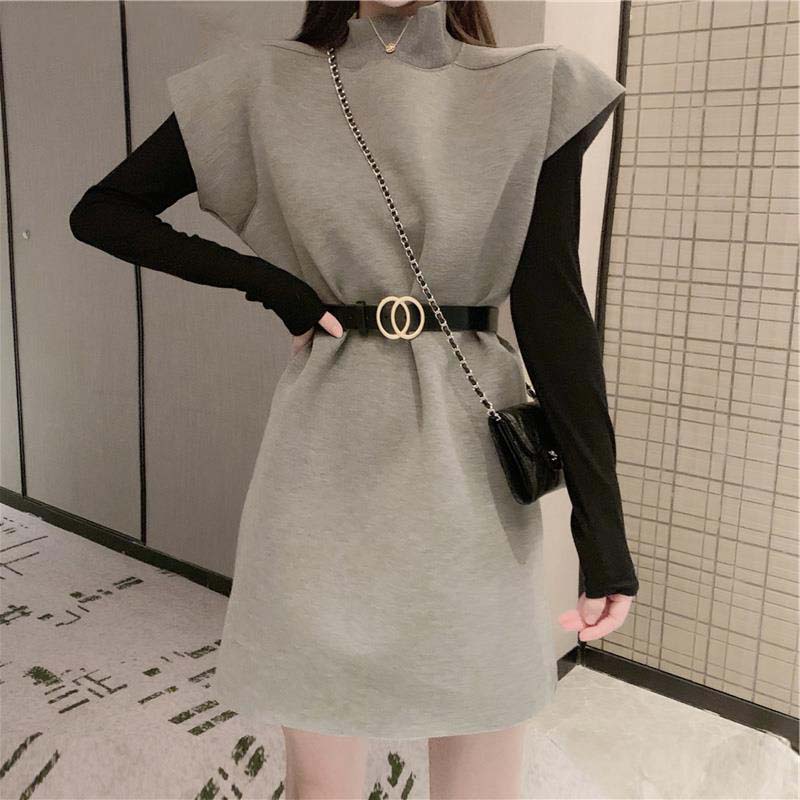 Matakawa Dress Autumn Korean Turtleneck Sleeveless with Sashes High Waist Slim Elegant Vestidos Korean Solid Dresses for Women