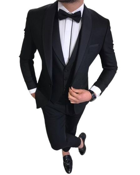 Men's Suits 3 Piece Black Shawl Lapel Casual Tuxedos for Wedding