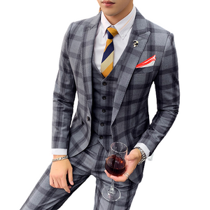 Autumn Khaki Gray Plaid Suit Sets Classic for Men