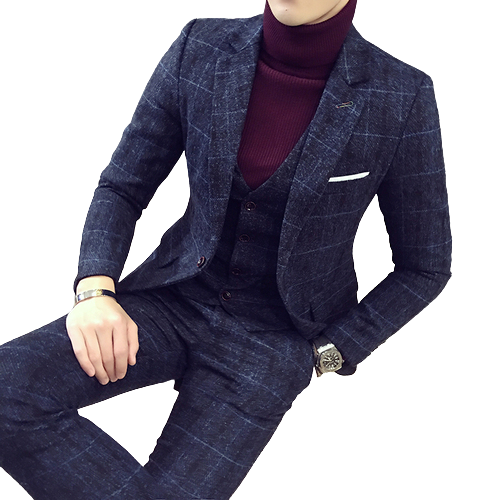 Men plaid Blazers slim fit pure cotton three-piece suit