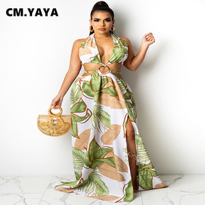 Women Long Dress Print Sleeveless Bandage Halter Hollow Out Splited A-line Maxi Dresses Fashion Vestidos Summer Outfits