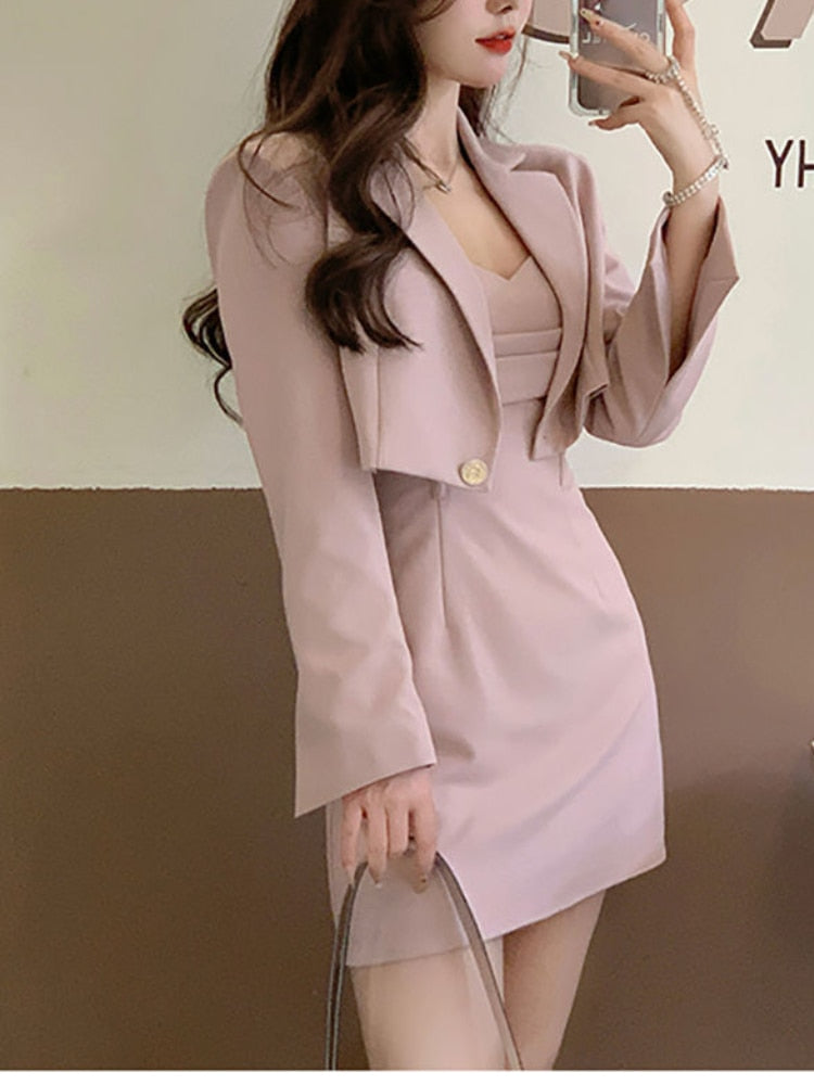 Autumn Pink Two Piece Dress Set Women Blazer Coat+Strap Dress Set Female Casual Korean Fashion Slim Elegant Dress Suit 2022 New