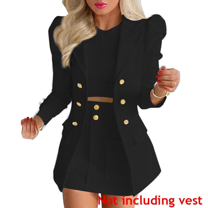 Women&#39;s Clothing Large Size Temperament Slim Short Skirt 2pcs Set Lady Spring Summer Long Sleeve Shoulder Pads Suit blazer mujer