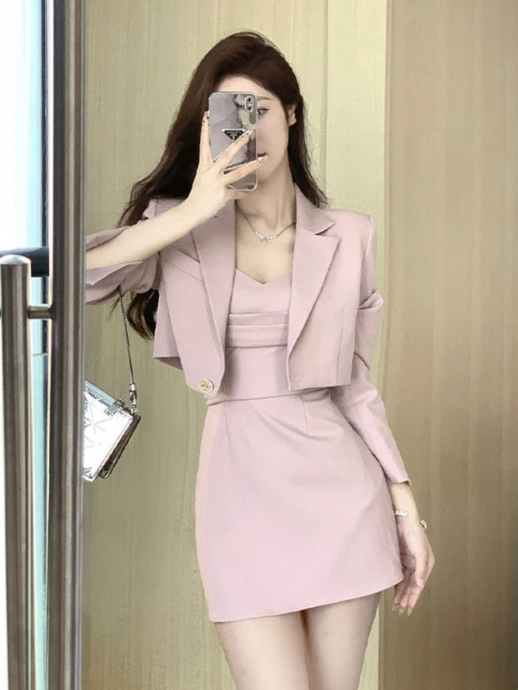 Autumn Pink Two Piece Dress Set Women Blazer Coat+Strap Dress Set Female Casual Korean Fashion Slim Elegant Dress Suit 2022 New