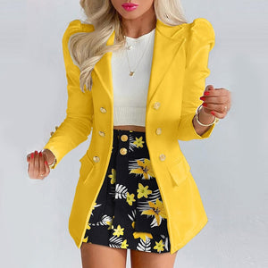 Women&#39;s Clothing Large Size Temperament Slim Short Skirt 2pcs Set Lady Spring Summer Long Sleeve Shoulder Pads Suit blazer mujer