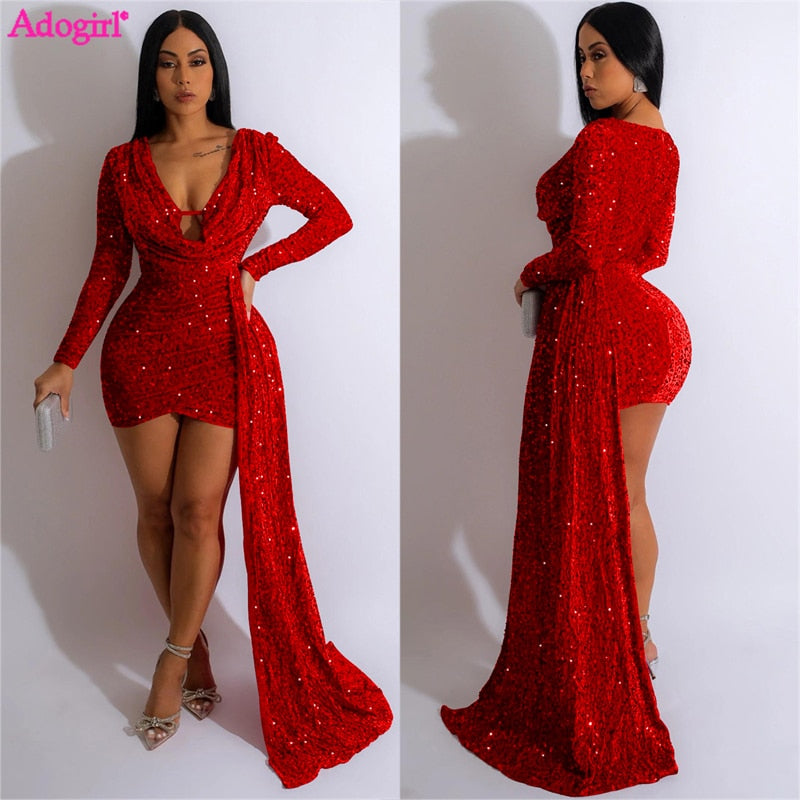 Adogirl Sequins Ribbon Mini Evening Party Dress Women Sexy Deep V Neck Long Sleeve Bodycon Night Club Vestidos Birthday Outfits