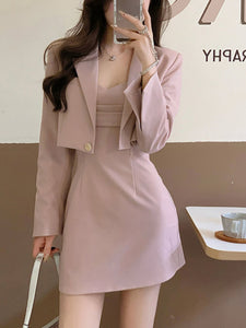 Autumn Pink Two Piece Dress Set Women Blazer Coat+Strap Dress Set Female Casual Korean Fashion Slim Elegant Dress Suit 2022 New