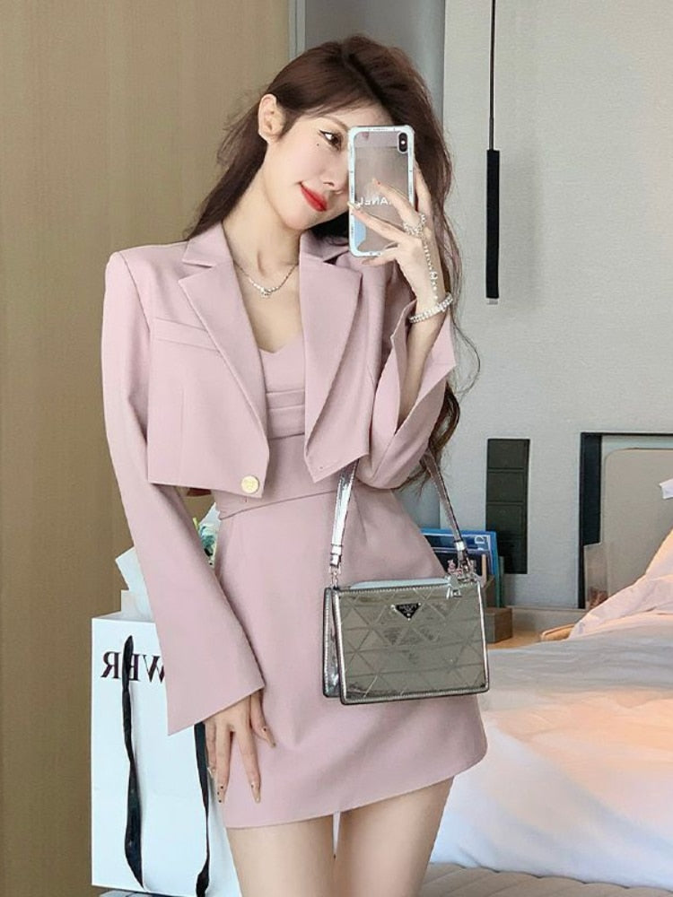 Autumn Pink Two Piece Dress Set Women Blazer Coat+Strap Dress Set Female Casual Korean Fashion Slim Elegant Dress Suit 2022 New