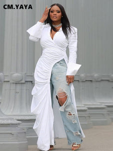 Vintage Women Long Sleeve High Side Split Ruched Up Wrap Lapel Collar White Maxi Long Dress Fashion Street Dresses