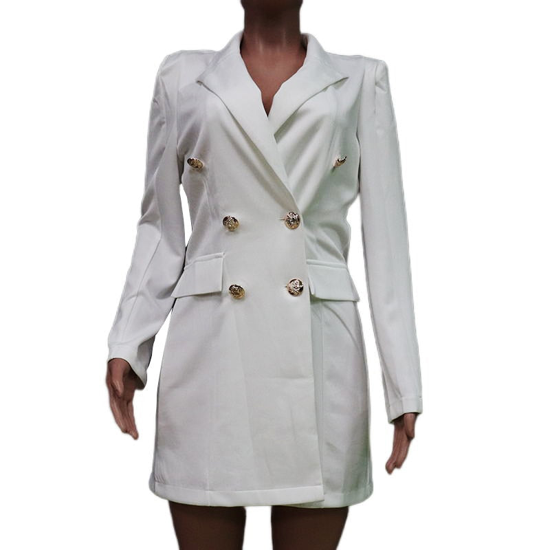 CM.YAYA Women Doulbe Button Up Notched Solid Long Sleeve Long Blazer Dress Office Lady Elegant INS Sexy Blazers