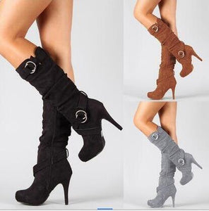 Women High Heels Knight Retro Belt Buckle Knee High Boots