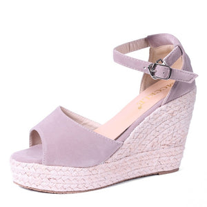 Women Plus Size Bohemian Sandals Ankle Strap Straw Platform Wedges