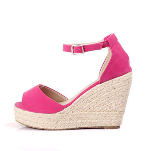 Women Plus Size Bohemian Sandals Ankle Strap Straw Platform Wedges